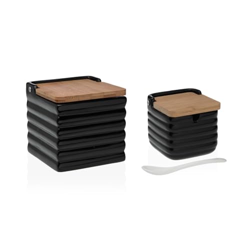 KCASA Salero y azucarero Cocina Ceramica con Tapa Madera para Cocina Factory (Negro)