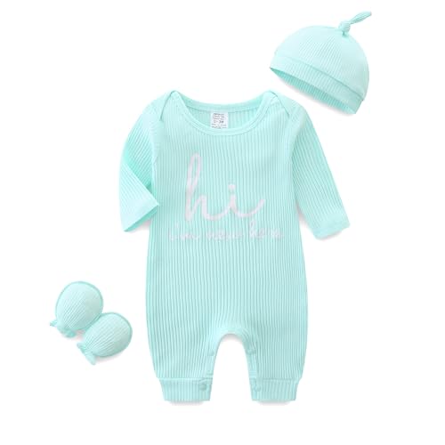 Image of Babymine Unisex Baby Clothes Newborn Onesie Long Sleeve Ribbed Romper with Hat and Gloves Infant Letter Print Jumpsuit
