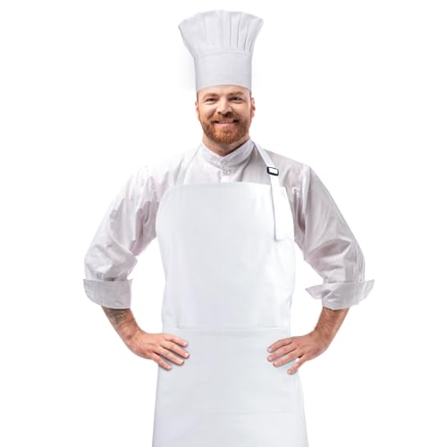 CRJHNS Chef Apron and Hat set, Chef Hat with Hook and Loop Tape 2 Pockets Adjustable Cotton Kitchen Cooking Bib Apron, Baker Costume for Men Women(White)