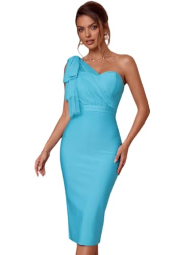 Image of houstil Women's One Shoulder Cocktail Bandage Dress Midi Party Mesh Bow Bodycon Wedding Guest Dresses
