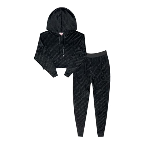 Juicy Couture Women’s Velvet Fleece Hooded Long Sleeve Shirt and Joggers Pajama Set (US, Alpha, Large, Regular, Regular, Black JC Diagonal)