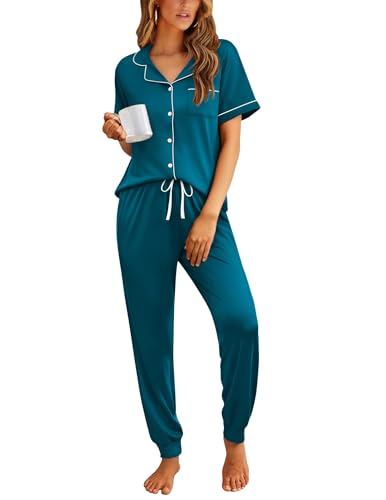 Image of Ekouaer Women Pajama Set Short Sleeve Button Down Pjs Soft Comfy Sleepwear Nightwear with Jogger Pants