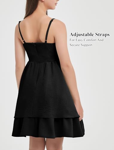 EXARUS Girls Formal Dress Teen Ruffled Flowy Ruched Spaghetti Strap Homecoming Dance Party Tween Dresses 8-14Y4