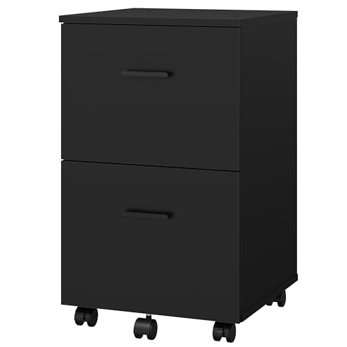 Panana 2 Drawer Mobile File Cabinet, Wood Rolling Filing Cabinet Printer Stand Under Desk Storage Organizer Fits Letter Size File Folders for Home Office (Black)