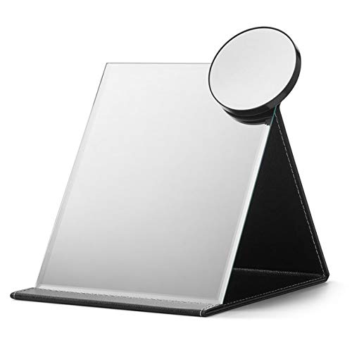 OMIRO Travel Makeup Mirror, Large Folding Plain Tabletop Mirror Adjustable Stand, Attached a Circle 10X Magnifier
