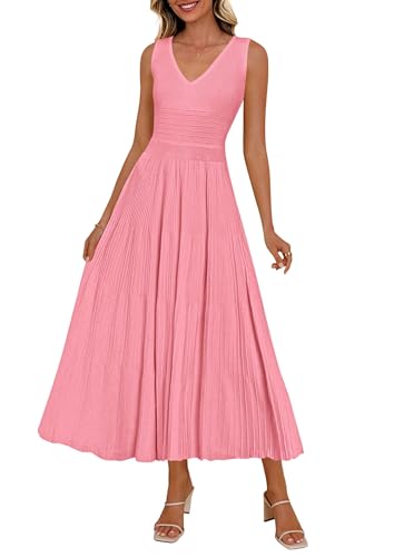 PRETTYGARDEN Summer Dresses for Women 2026 Spring Casual Sleeveless V Neck Pleated Midi Work Cocktail Wedding Guest Dress(Pink,Medium)