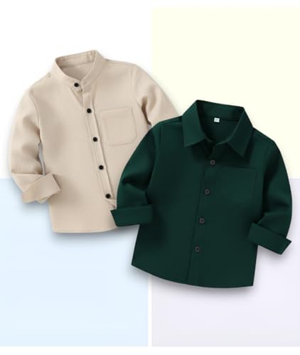 Image of Boys Mandarin Collar Shirt with Chest Pocket Beige and Rama Blue Color, Long Sleeve Button-Down Casual Shirt Pack of 2