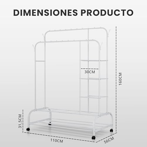 Miniatura 2 de Jupplies Burro Ropa Resistente Con Ruedas Con Bloqueo Y Estantes 110x56x160 Cm, Max 30 Kg Perchero Burro Metálico Con 2 Barras, 4 Estantes Laterales, Colgadores Y Zapatero Doble Blanco