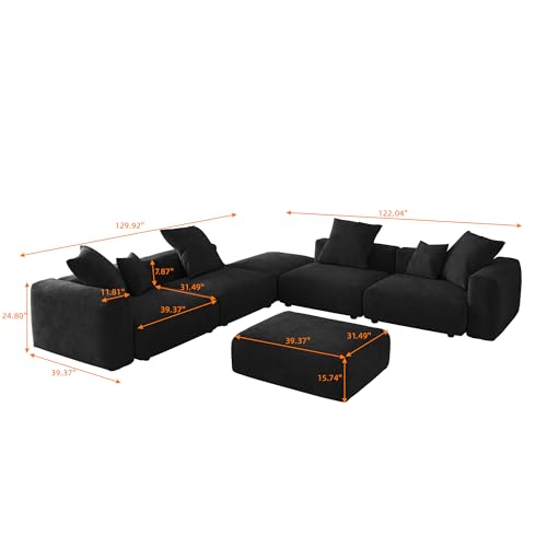 Oversized Modular Sectional Sofa with Ottomans,6 Seater Corduroy V Shaped Reversible Corner Couch,141.73" Convertible Sofa & Couch Free Combination for Living Rooom,Black