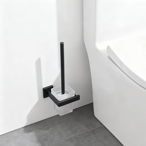Image of Matte Black Toilet Brush and Holder Set, NEWRAIN Wall Mounted Toilet Bowl Brush with Long Handle, Stainless Steel Toilet Brushes for Bathroom-Space Saving