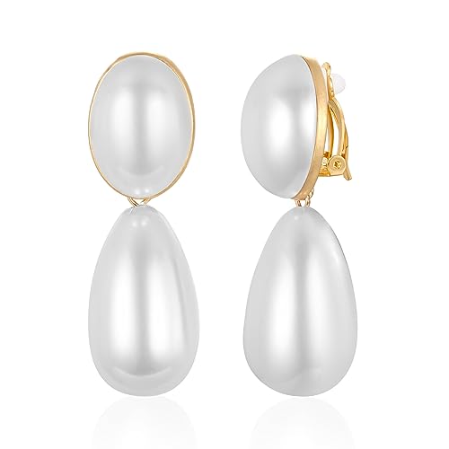 Geometric Retro Pearl Clip On Earrings for Women - Statement Drop Dangle Earrings