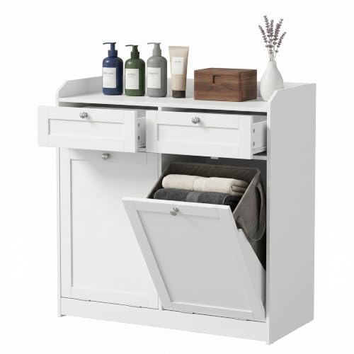 VASAGLE Badschrank mit Wäschekörbe Wäscheschrank Badezimmerschrank mit 2 Schubladen und 2 Wäscheboxen herausnehmbare Innentaschen mit Griffen 40 x 78 9 x 80 2 cm wolkenweiß BBC751W01
