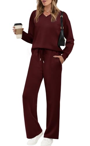 Image of WIHOLL Lounge Sets for Women 2026 V Neck 2 Piece Outfits Airport Wide Leg Pants Matching Set Sweatsuits