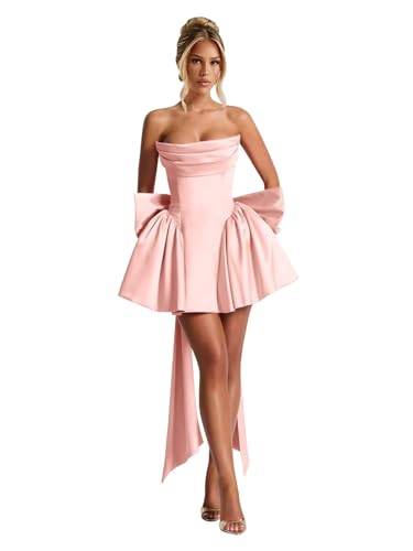 Satin Cowl Neck Homecoming Dresses for Teens 2025 with Bow Strapless Short Prom Cocktail Party Gown