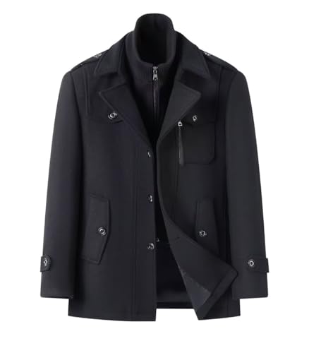 Image of FTIMILD Mens Wool Blend Coat with Detachable Collar Two Collar Single Breasted Pea Coat Business Trench Coat