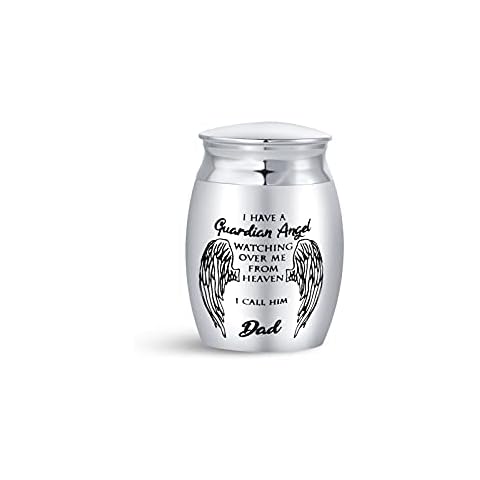 FGT Small Mini Urn for Dad Father Grandpa Husband Men Cremation Gift Funeral Memorial Keepsake I Have A Guardian Angel, Stainless Steel Cover