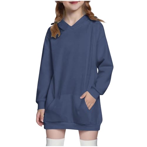 duxyoz Navy Girls Hoodies Dress Kids Long Pullover Hooded Sweatshirt Long Sleeve Pullover Oversized Hoodie For Teen Girl Cute Preppy Sweatshirt Solid Color Plain Jumper Tops With Pockets 9-10 Years
