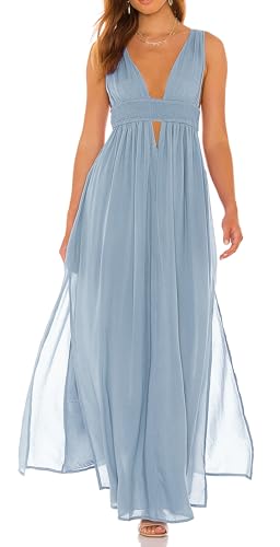 R.Vivimos Boho Dress for Women Sexy Deep V Neck Sleeveless Hollow Out Backless Casual Side Slit Maxi Dress3