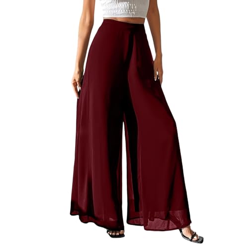 FlekmanArt Womens High Waist Wide Leg Pants Chiffon Palazzo Long Trousers Loose Fit Flowy Lightweight Fashion Outfits Clothes（Wine-1,M）