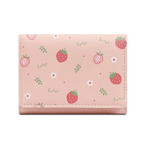 Women Girls Wallet Cute Strawberry Wallet Small Tri-Fold PU Leather Wallets Women Purse Short Trifold Wallets Cash Card Holder Bag (Pink)