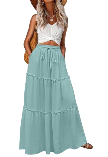 Image of Lepunuo Womens Casual Boho High Waisted Flowy Maxi Skirts Tiered Floral Long Skirts with Pockets for Summer Beach Vacation