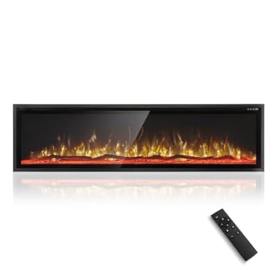 MFSTUDIO 72 Inch Electric Fireplace with 84 Color Combinations, Ultra Narrow Frame Recessed and Wall Mounted Fireplace Heater, Log, Driftwood & Crystal Option, Thermostat, Timer, 750w/1500w, Black