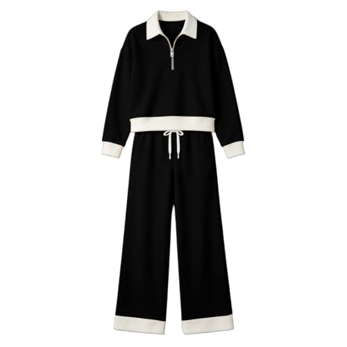 Houjibfa 2 Piece Sweatsuits For Women Color Block Tops Wide Leg Pants Set - image 4