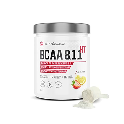 BCAA 8.1.1 | Acides Aminés en Poudre | 8g de Leucine + 1g de Citrulline par Dose | Construction et Récupération Musculaire | Efficace Contre l’Acide Lactique | Fraise-Citron 250g Sans Sucre | Eiyolab Cover