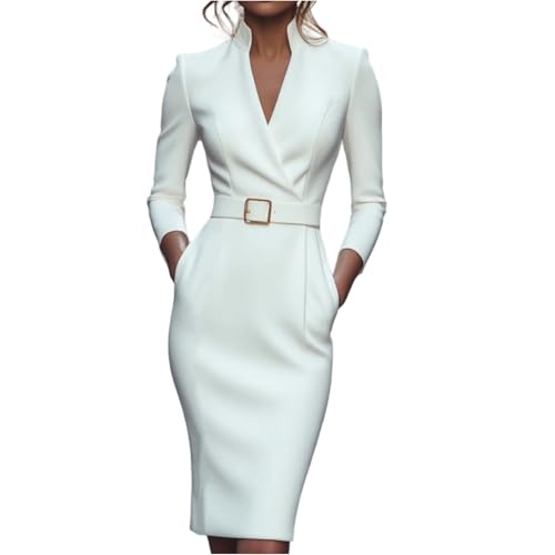Etuikleid Damen Elegant Business Lang Kleider Damen Winter Langarm Curvy Herbstkleid Midi V Ausschnitt Winterkleid Stehkragen mit Gürtel Damenkleider...