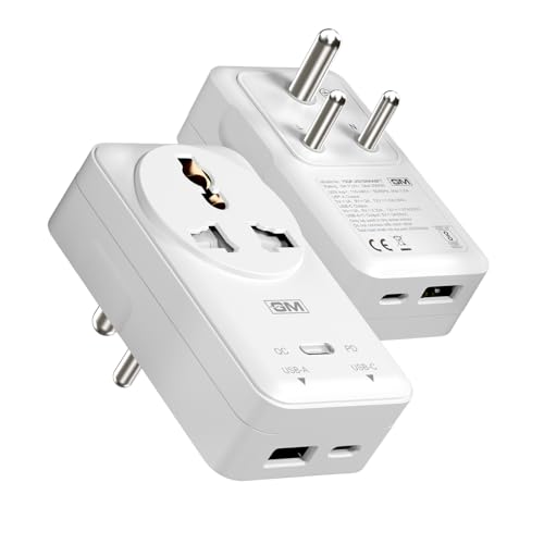 Image of GM G+ 3-in-1 20W PD Fast Charging Adapter with 2500W Universal Socket | Dual Type-C & USB-A Ports | Socket for India, US, UK, EU, AU | Compact Design for Bedside Use | Multi Plug Power Adapter