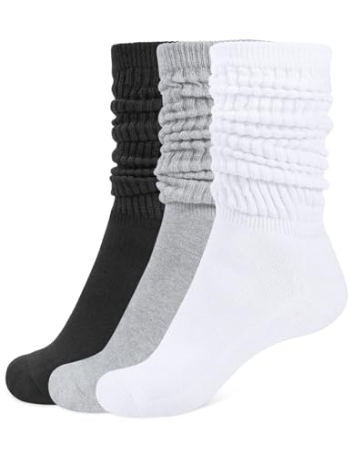 CLOSEMATE Womens Calf Socks Slouch Socks Extra Long Knee High Scrunch Stacked Sock Cotton Boot Socks for Women Girls One Size(1Black 1White 1Grey)