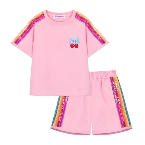 Image of WELAKEN Girls 2 Piece Outfit Kid Toddler Heart & Rainbow Sequin Striped T-shirt and Shorts Clothing Set