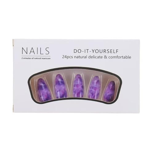 Image of NBNTGH Marbling Press On Nails Purple Ombre French Almond False Nails, 24 Pcs (Pack of 24), ABS Material, Glossy Finish, Full Cover, Reusable
