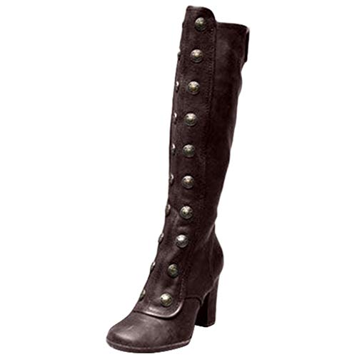 Damen Stiefeletten Overknees Stiefel Mode Retro Niet Römische Ritterstiefel Einfarbig Leder Runder Kopf Langschaftstiefel mit Blockabsatz