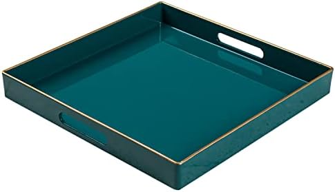 MAONAME Decorative Tray, Green Serving Tray with Handles, Coffee Table Tray, Square Plastic Tray for Ottoman, Bathroom, Kitchen, 13"x13"x1.57"