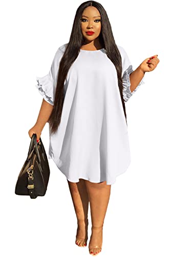 Image of Ekaliy Women's Casual Vintage Ruffle Sleeve Loose Party Midi Plus Size Dress Casual Summer