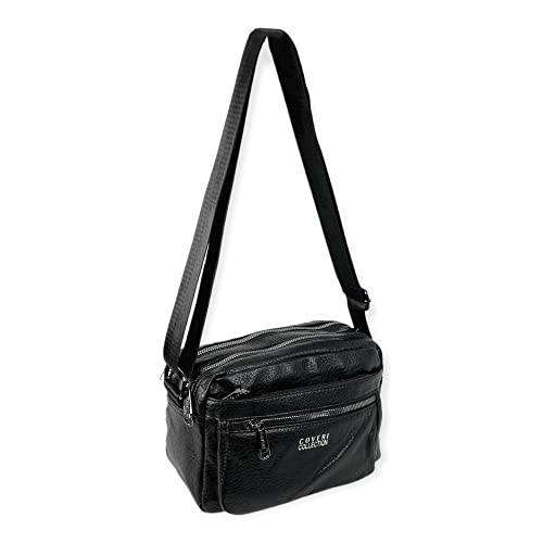 COVERI - Bolso Bandolera de Polipiel, Tacto Suave, con 5 Bolsillos y Asa Ajustable (Negro)