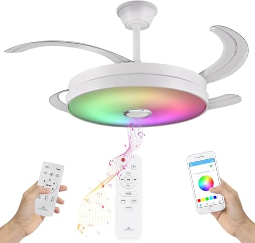 LUMIKING Ventilador de Techo RGB con Bluetooth   108 cm de Ancho con Aspas Retráctiles, Música y Luz LED   Silencioso con Lámpara y Moderno Multifunción con 2 Mandos a Distancia y APP