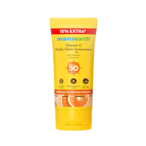 Image of Mamaearth Vitamin C Daily Glow Sunscreen with Vitamin C & Turmeric | For Sun Protection, Tan Protection & Glow | SPF 50 & PA++++ Protection | No White Cast | Lightweight & Non-Sticky | Brightens Skin | In-Vivo Tested | For All Skin Types | 34.5 g