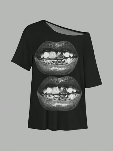 Image of SXV STYLE Casual Minimalist Lip Print Off-Shoulder Loose Short Sleeve T-Shirt