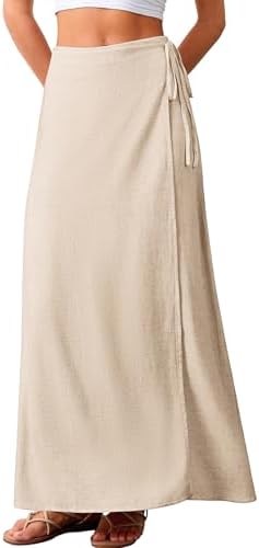 ELLEVEN Linen Wrap Maxi Skirt Elastic Back Waistband Flowy A Line...