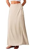 ELLEVEN Women's Linen Long Wrap Skirt Flowy Trendy Summer Elastic Waist Maxi Ankle Length Casual High Waisted A Line Vintage Sexy Boho Low Ries Midi Beach Vacations Skirts Beige Medium