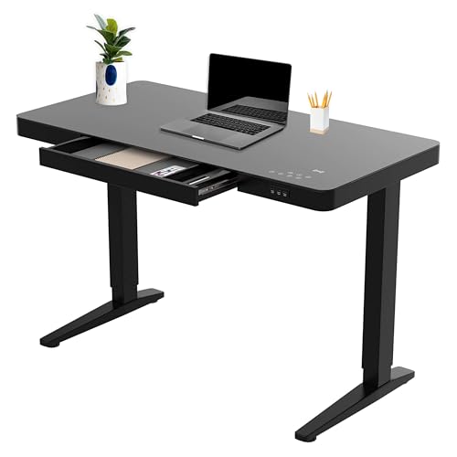 Sunnyside MOVU – Elektrisch höhenverstellbarer Schreibtisch mit Touchscreen, USB, Qi-Ladefläche, Glasplatte & Schublade – 120 × 60 cm – Schwarz oder Weiß (Blak)