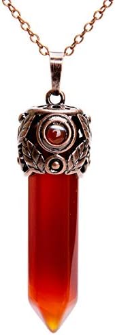 Bivei Crystal Necklace Chakra Retro Antique Brass Hexagonal Prism Gemstone Quartz Stone Healing Pendant(Red Agate)