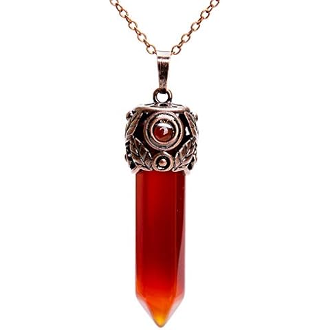 Bivei Crystal Necklace Men Women Red Agate Chakra Crystals and Stones Necklaces Retro Antique Brass Hexagonal Prism Gemstone Quartz Rock Pendant Witch Vampires Jewelry Gift (Red Agate) Cover
