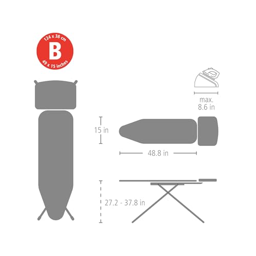 Brabantia - Ironing Board B - Extra Large Steam Iron Rest - Adjustable in Height - Non-Slip Rubber Feet - Cotton Cover with Foam Layer - Foldable Unit - Denim Blue - 124x38 cm