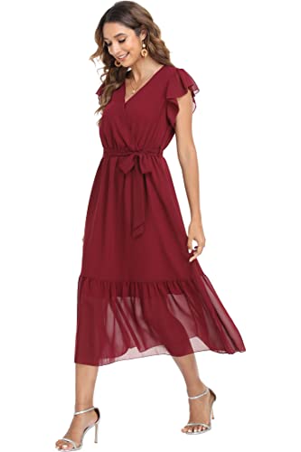 Image of VintageClothing Womens Sundress Casual Floral Summer Boho Dress | Flowy Wrap V Neck Ruffle A-Line Pleated Hem Midi Dresses