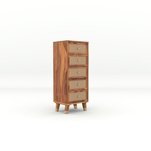 Image of Solid Sheesham Wood 5 Drawer Chest | Rosewood Chest of Drawers with Cane Front | Tall Storage Cabinet for Bedroom & Living Room (Natural Finish)