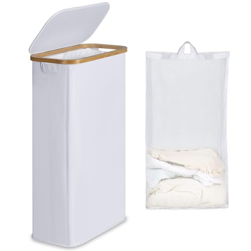 efluky Cesto Ropa Sucia con Tapa 63L, Cesta Ropa Sucia Estrecho de Bambú, Cesta de Almacenamiento, Cubo Ropa Sucia Pequeño Plegable para Baño, Dormitorio, Lavadero, Blanco