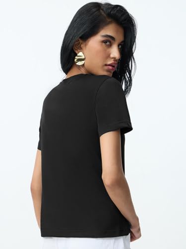 Image of The Souled Store Casual Classics: Women and Girls Short Sleeves Spread Collar Solid Cotton Regular Fit Breathable Lightweight Trendy Everyday T-Shirt